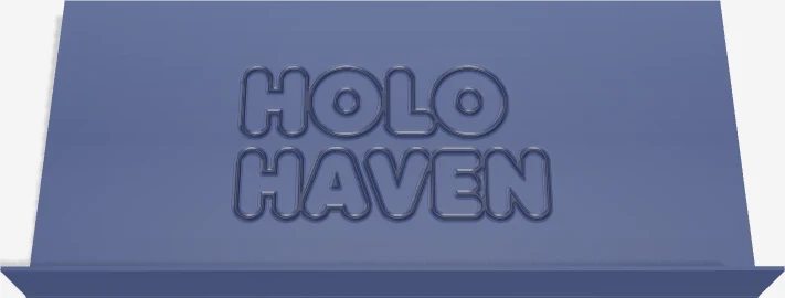 Design-studio render of the same wordmark engraved as Line art: grooves trace every bubble letter and HOLO HAVEN reads clearly