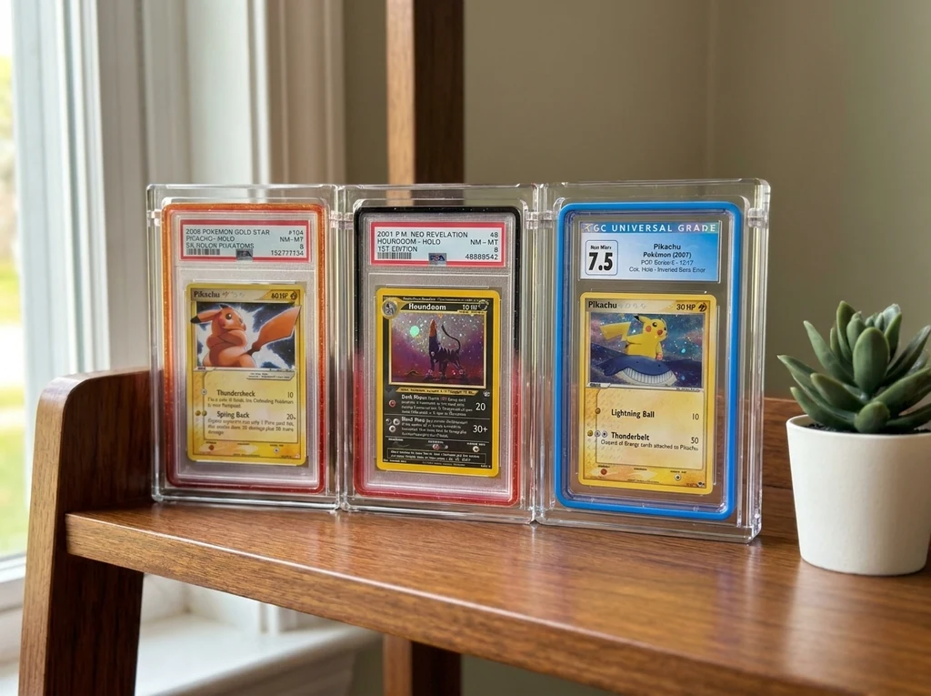 PSA and CGC graded Pokémon slabs displayed in SlabVault magnetic acrylic cases on a shelf